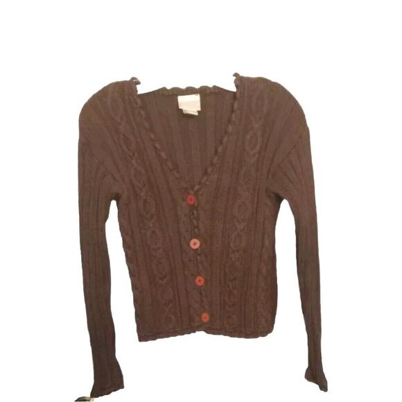 VTG Mode Int'l Brown Cableknit Sweater S Scalloped Hems Cottagecore Academia Y2K - Picture 1 of 8